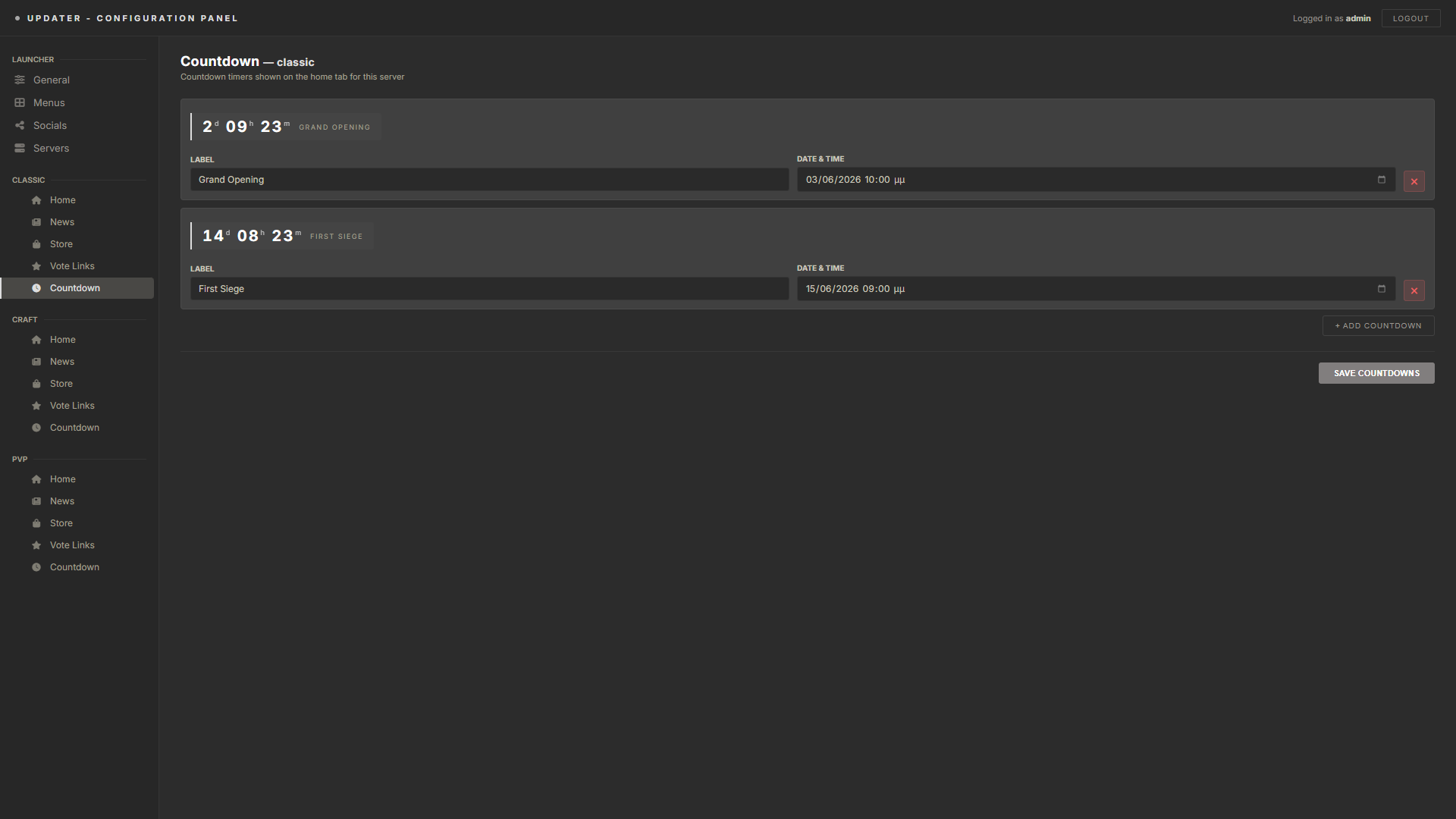 Countdowns — admin panel