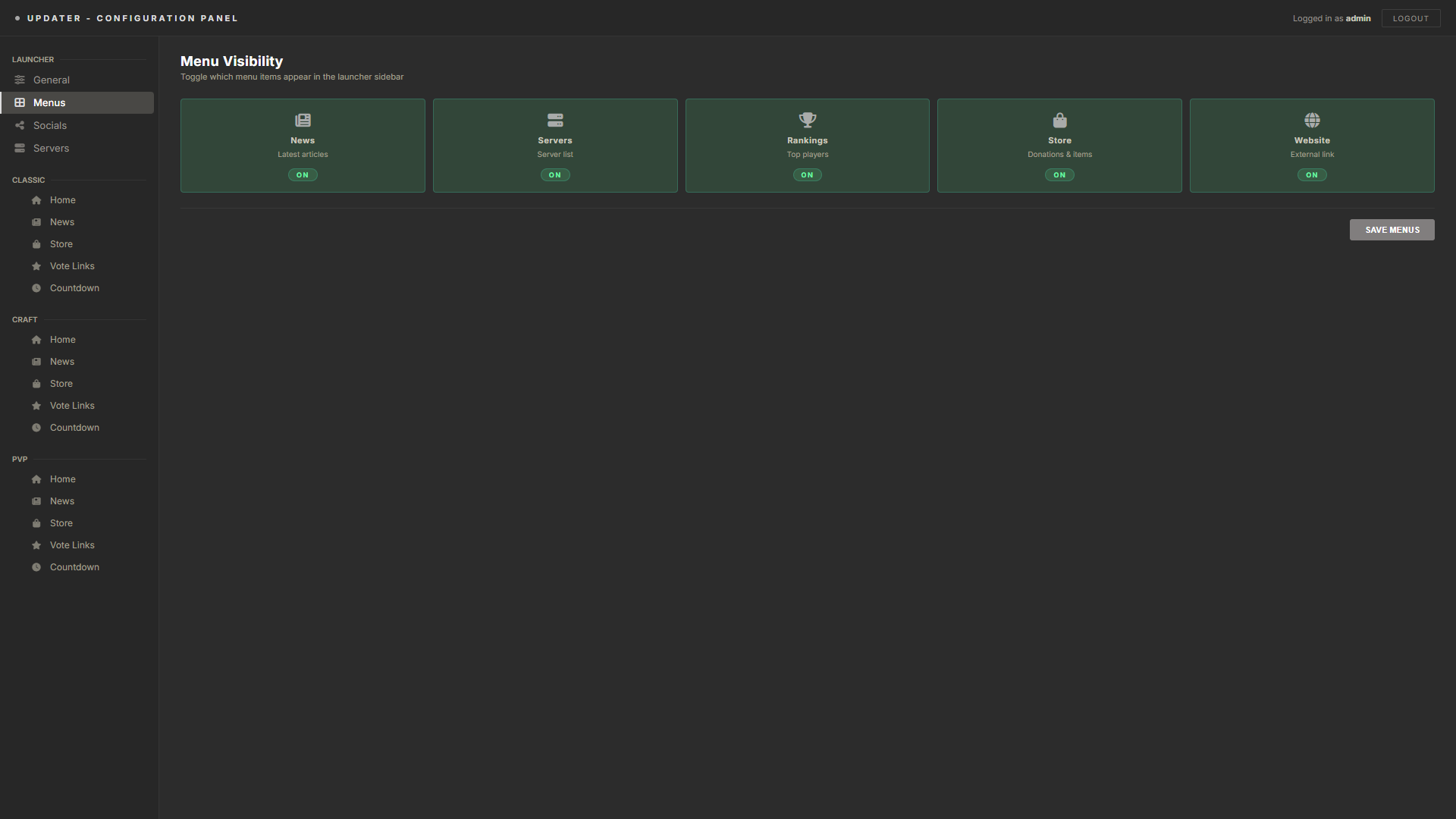 Menus & Socials — admin panel
