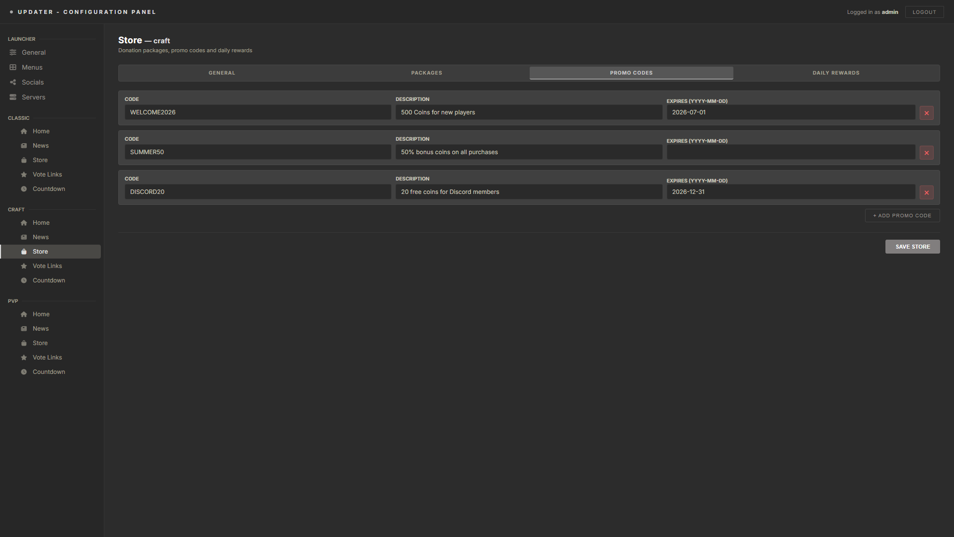 Promotional Codes — admin panel