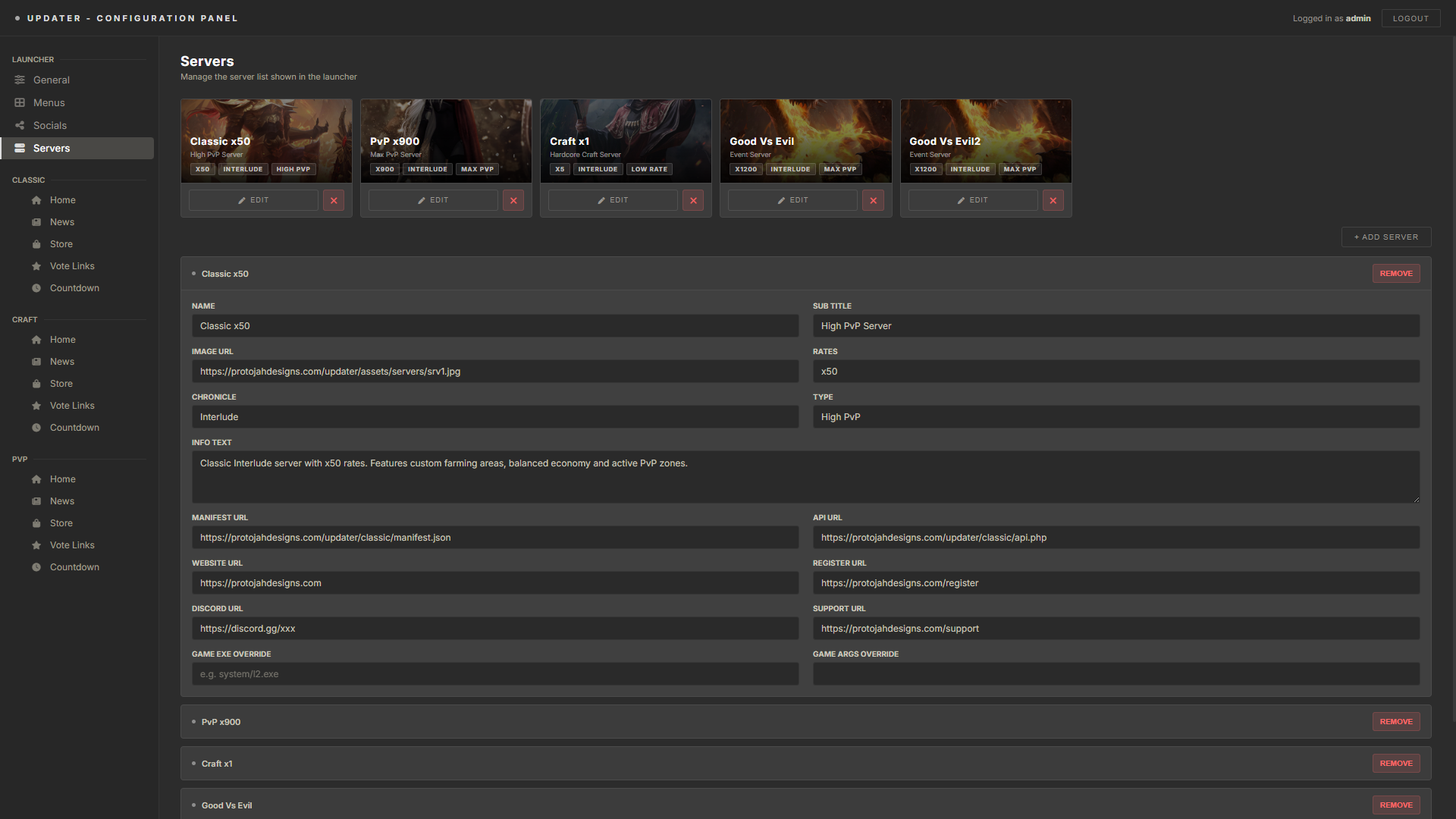 Servers — admin panel