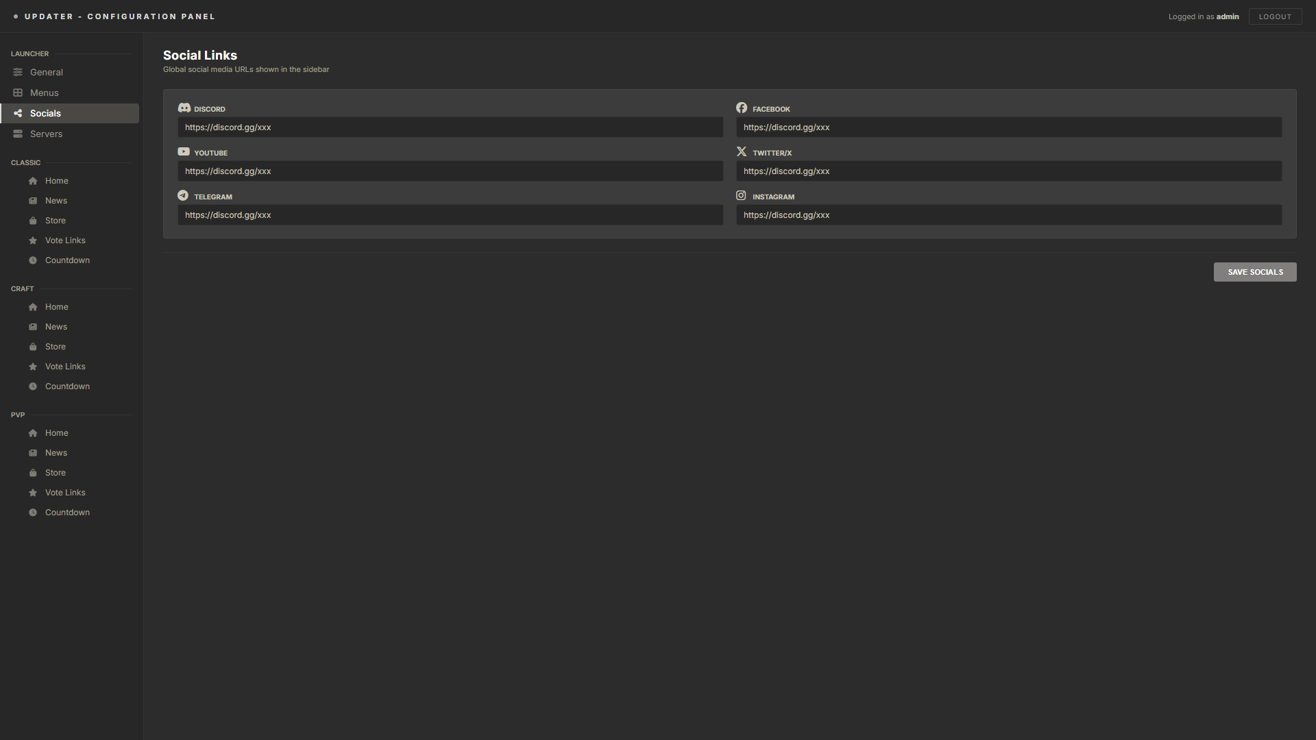 Socials — admin panel
