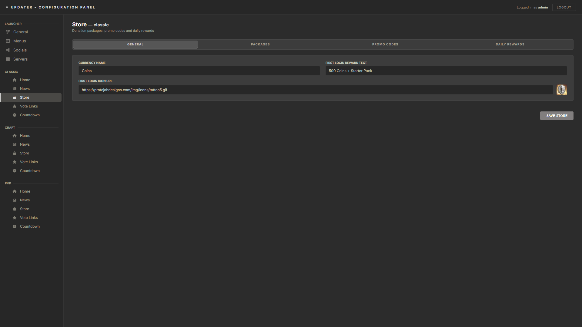 Store settings — admin panel